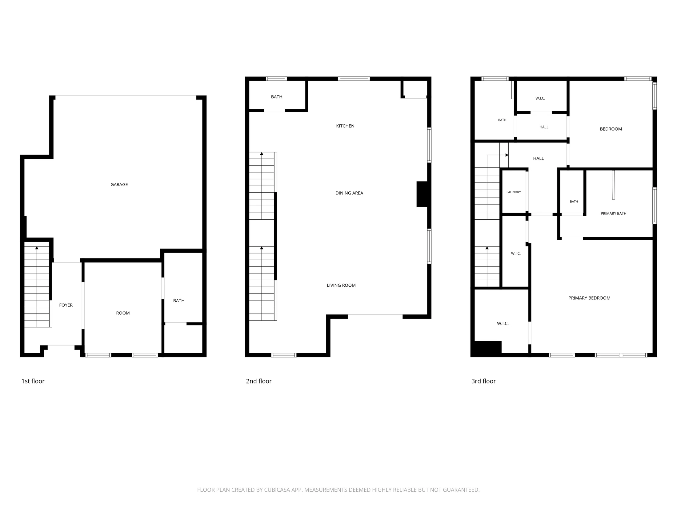 Complete three-level floor plan presented side by side