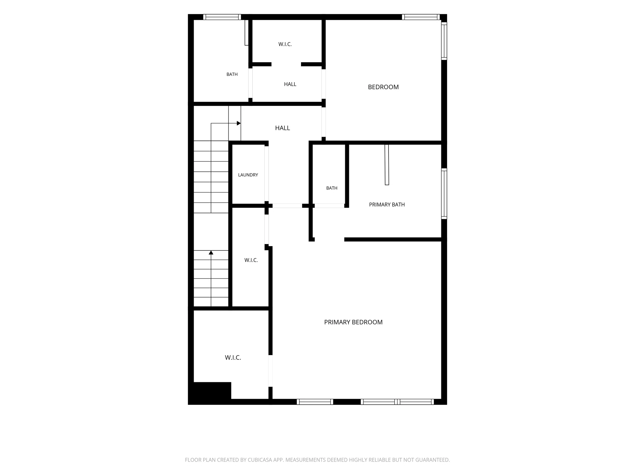 Third-floor plan with bedrooms, bathrooms, laundry, and closets