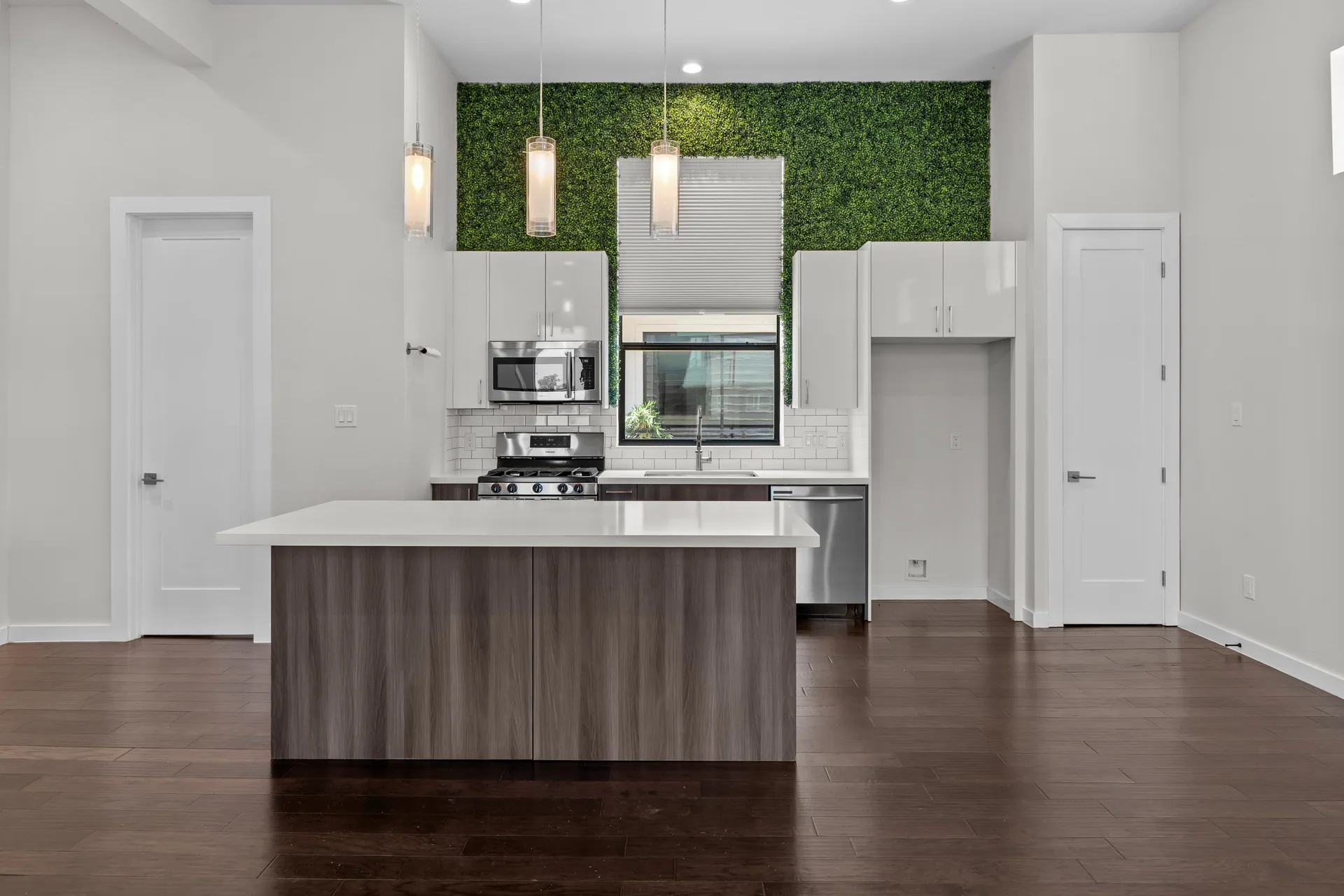 Modern kitchen with a green feature wall
