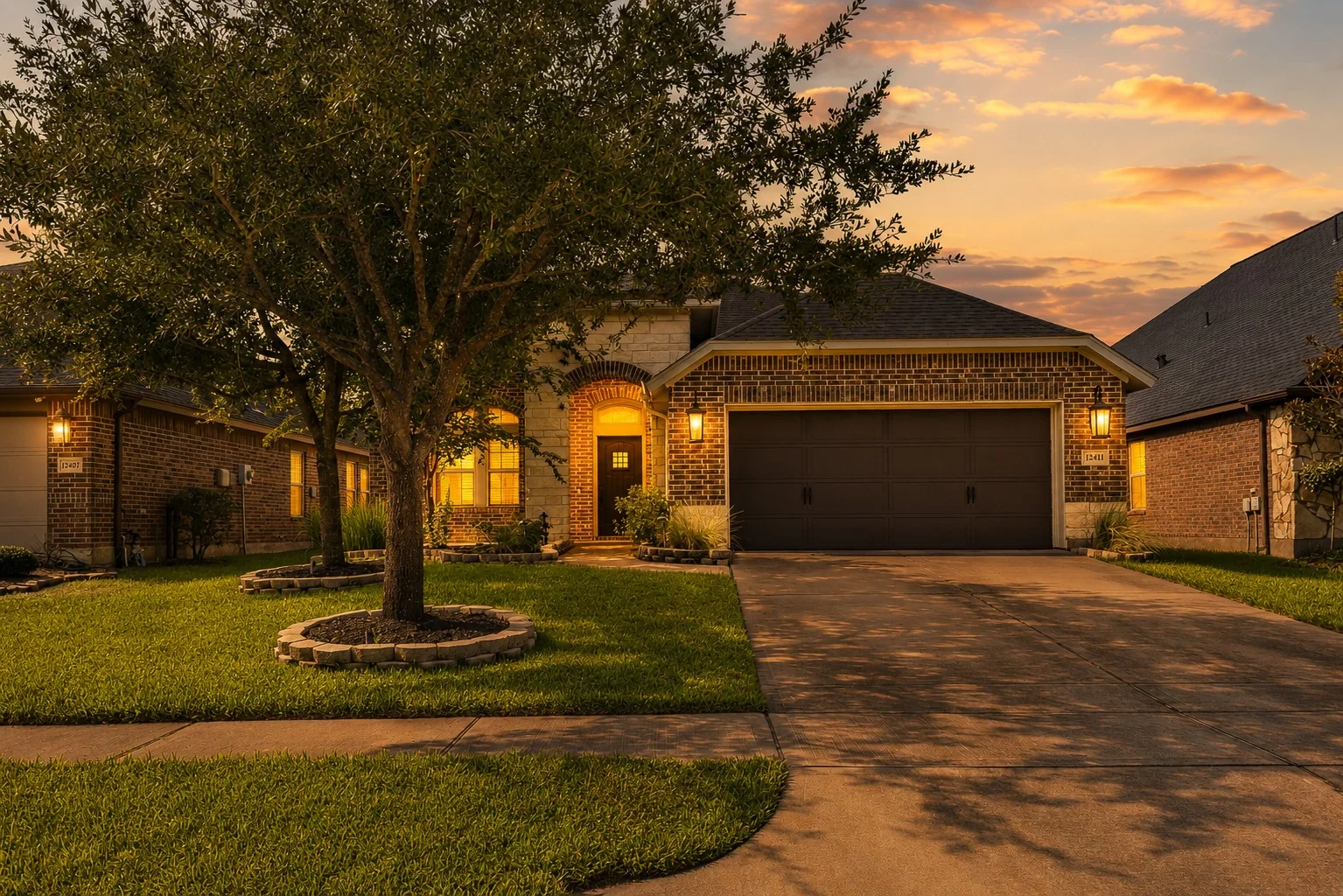 Brick and stone home photographed during golden hour