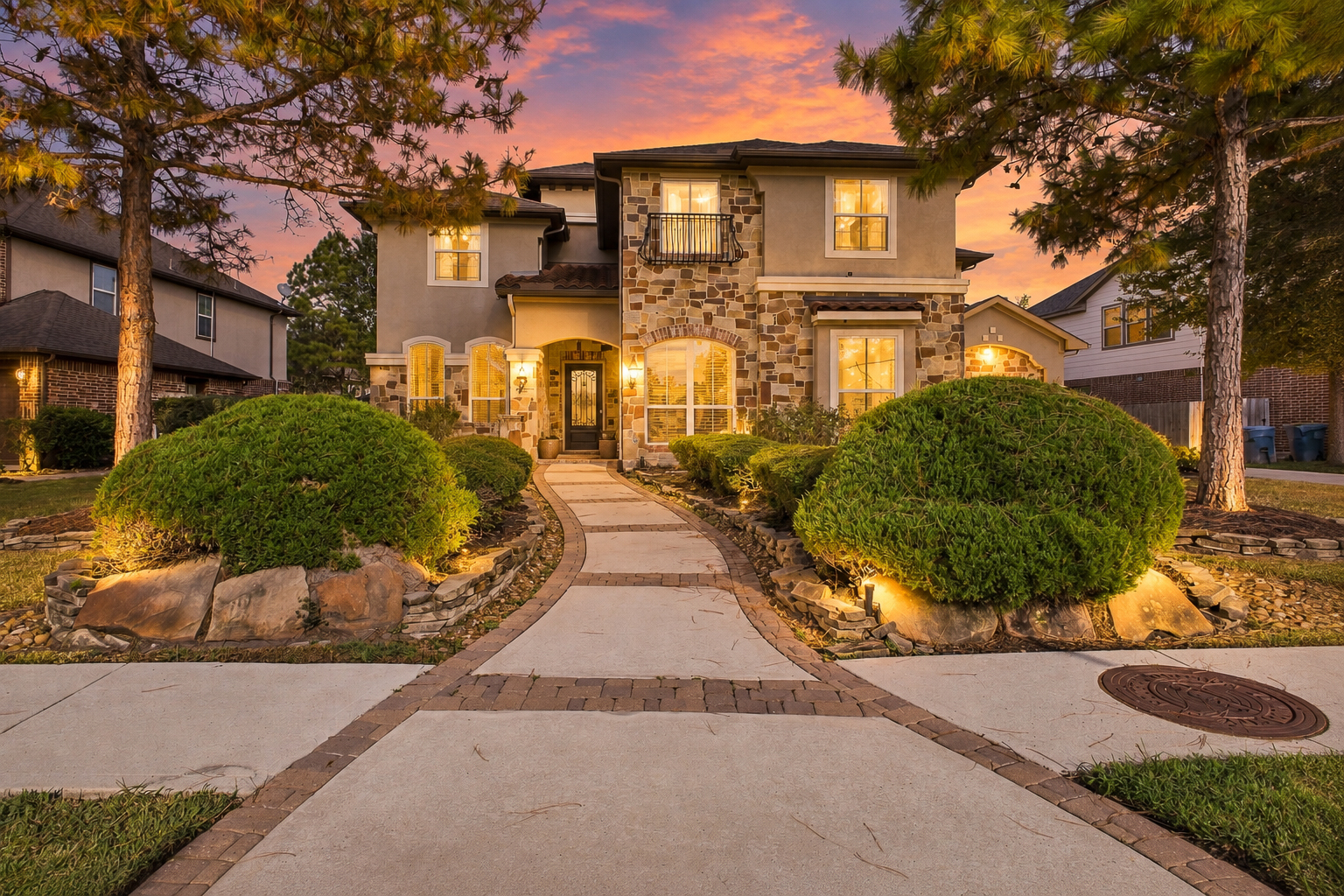 Luxurious rome & juliet balcony stone home with warm sunset background