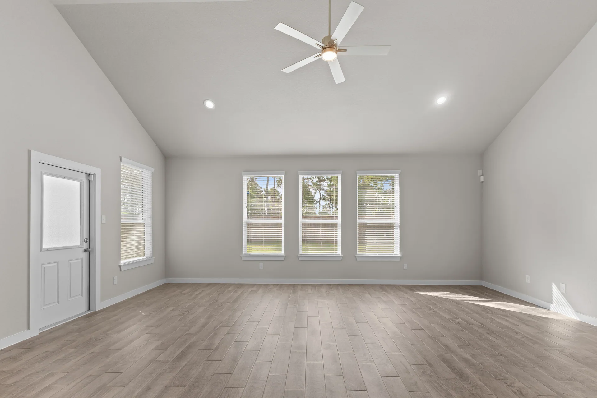 Open suburban living room with natural light