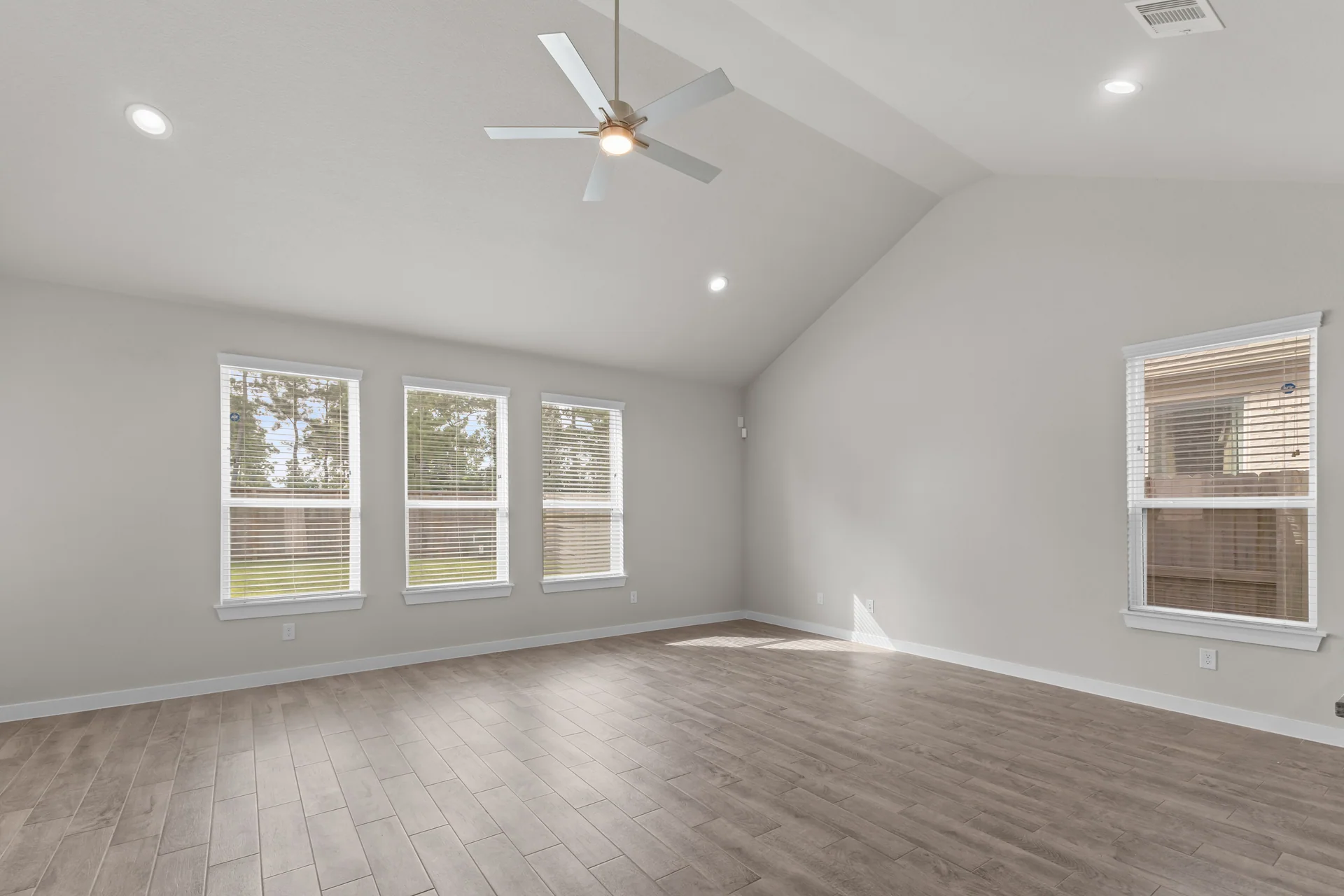 Wide view of a suburban living room