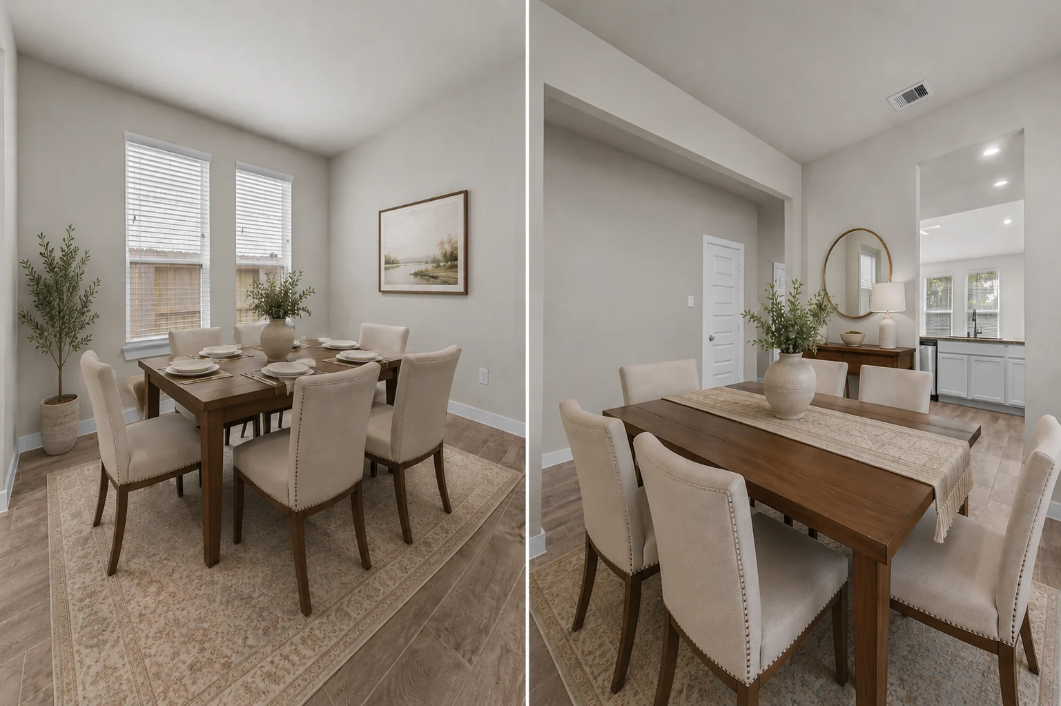 Dining room after professional staging with a table, chairs, rug, and decor