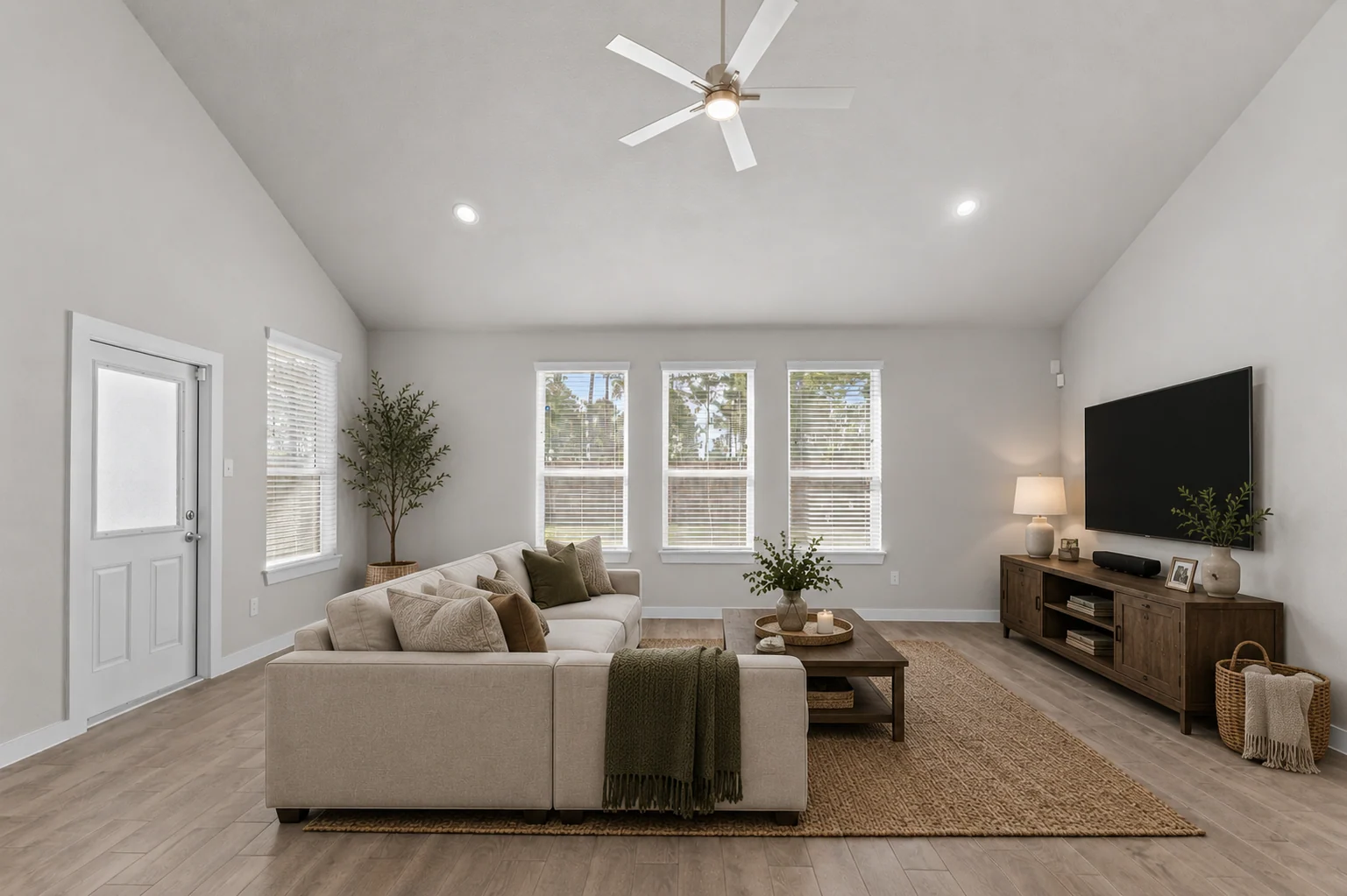 Living room after professional staging with seating, rug, lighting, and decor