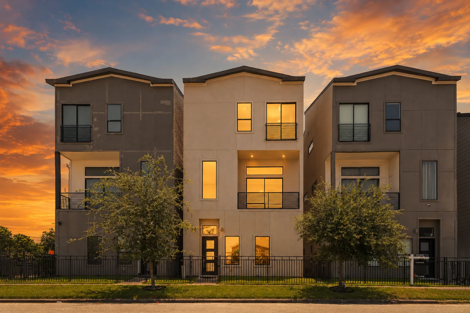 Modern townhomes photographed under a vivid twilight sky